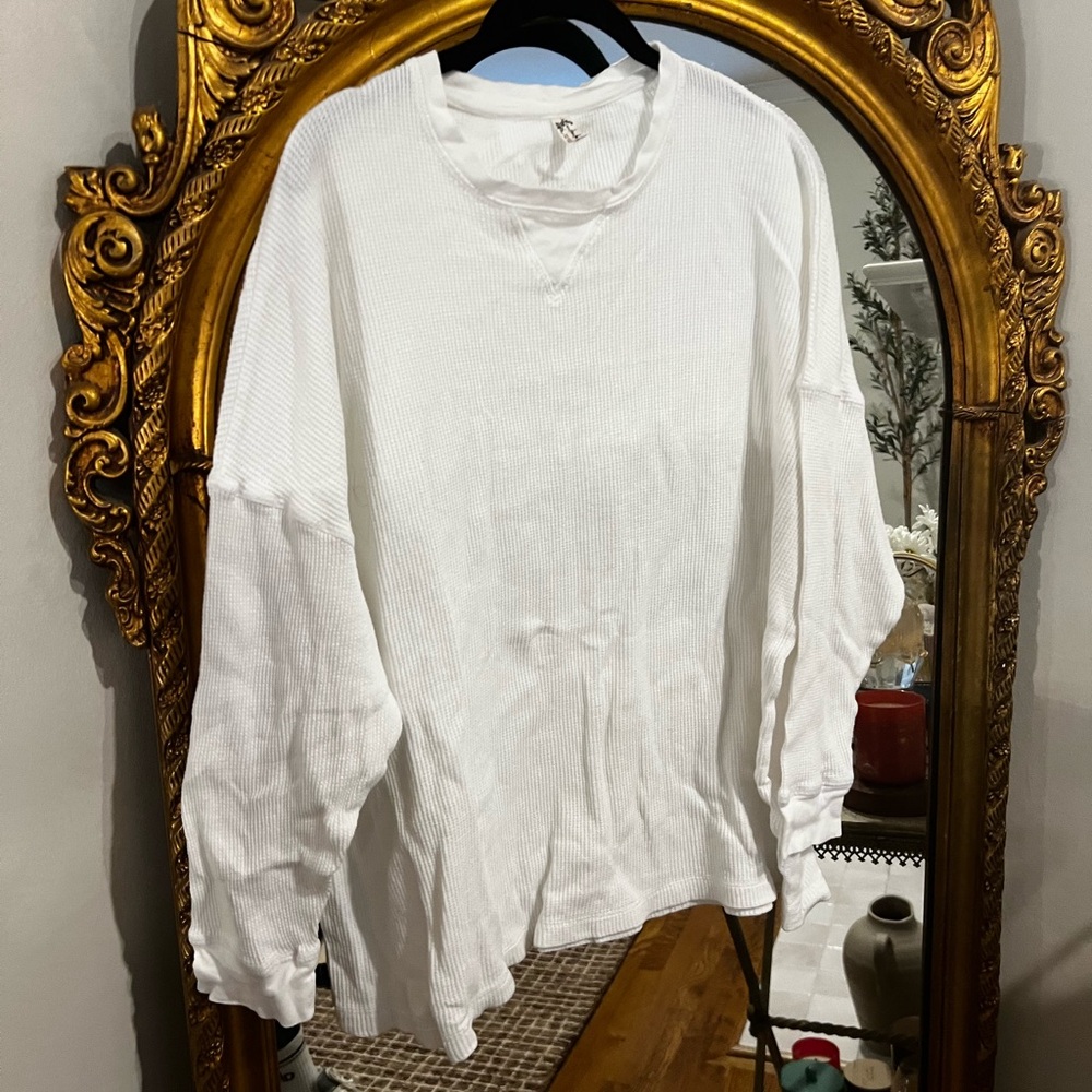 Free People White Long Sleeve Waffle Knit Top